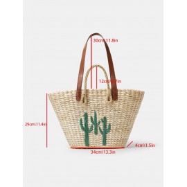 Women's Handmade Braided Cactus Embroidered Drawstring Raffia Straw Beach Shoulder Bag