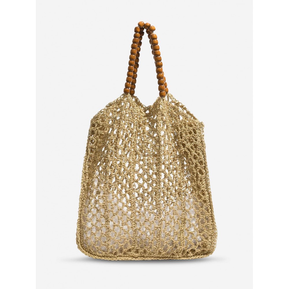 Women's Beads Handle Hollow Out Raffia Straw Handmade Braided Vacation Beach Tote Bag