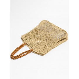 Women's Beads Handle Hollow Out Raffia Straw Handmade Braided Vacation Beach Tote Bag