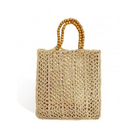 Women's Beads Handle Hollow Out Raffia Straw Handmade Braided Vacation Beach Tote Bag