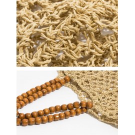 Women's Beads Handle Hollow Out Raffia Straw Handmade Braided Vacation Beach Tote Bag