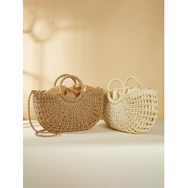 Women's Summer Vacation Bright Color Beach Half Moon Shape Raffia Crossbody Shoulder Straw Bag