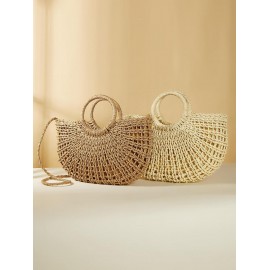 Women's Summer Vacation Bright Color Beach Half Moon Shape Raffia Crossbody Shoulder Straw Bag