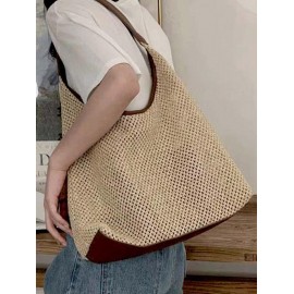 Women's Resort Summer Vacation Beach Large Capacity Raffia Straw Shoulder Tote Bag with Wristlet Bag