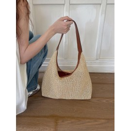 Women's Resort Summer Vacation Beach Large Capacity Raffia Straw Shoulder Tote Bag with Wristlet Bag