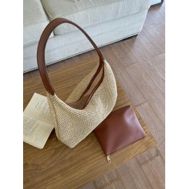 Women's Resort Summer Vacation Beach Large Capacity Raffia Straw Shoulder Tote Bag with Wristlet Bag
