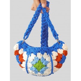 Women's Ethnic Retro Granny Floral Crochet Half Moon O Ring Decorated Crossbody Shoulder Bag