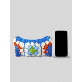 Women's Ethnic Retro Granny Floral Crochet Half Moon O Ring Decorated Crossbody Shoulder Bag