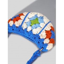 Women's Ethnic Retro Granny Floral Crochet Half Moon O Ring Decorated Crossbody Shoulder Bag