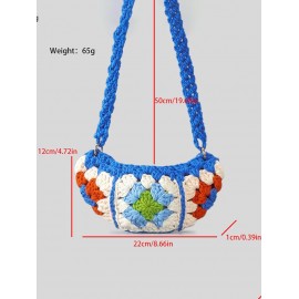 Women's Ethnic Retro Granny Floral Crochet Half Moon O Ring Decorated Crossbody Shoulder Bag
