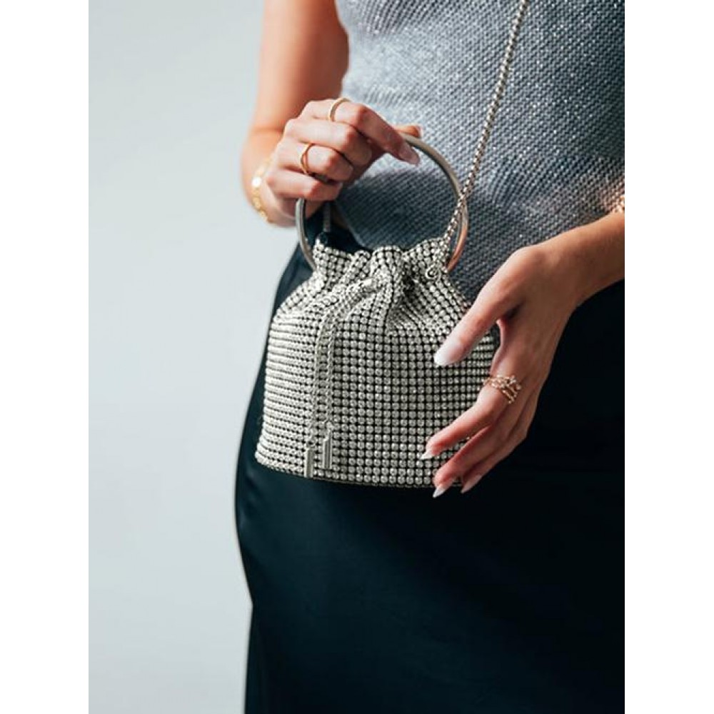 Women's Party Evening Bling Bling Rhinestone Toggle Drawstring Crossbody Bucket Bag
